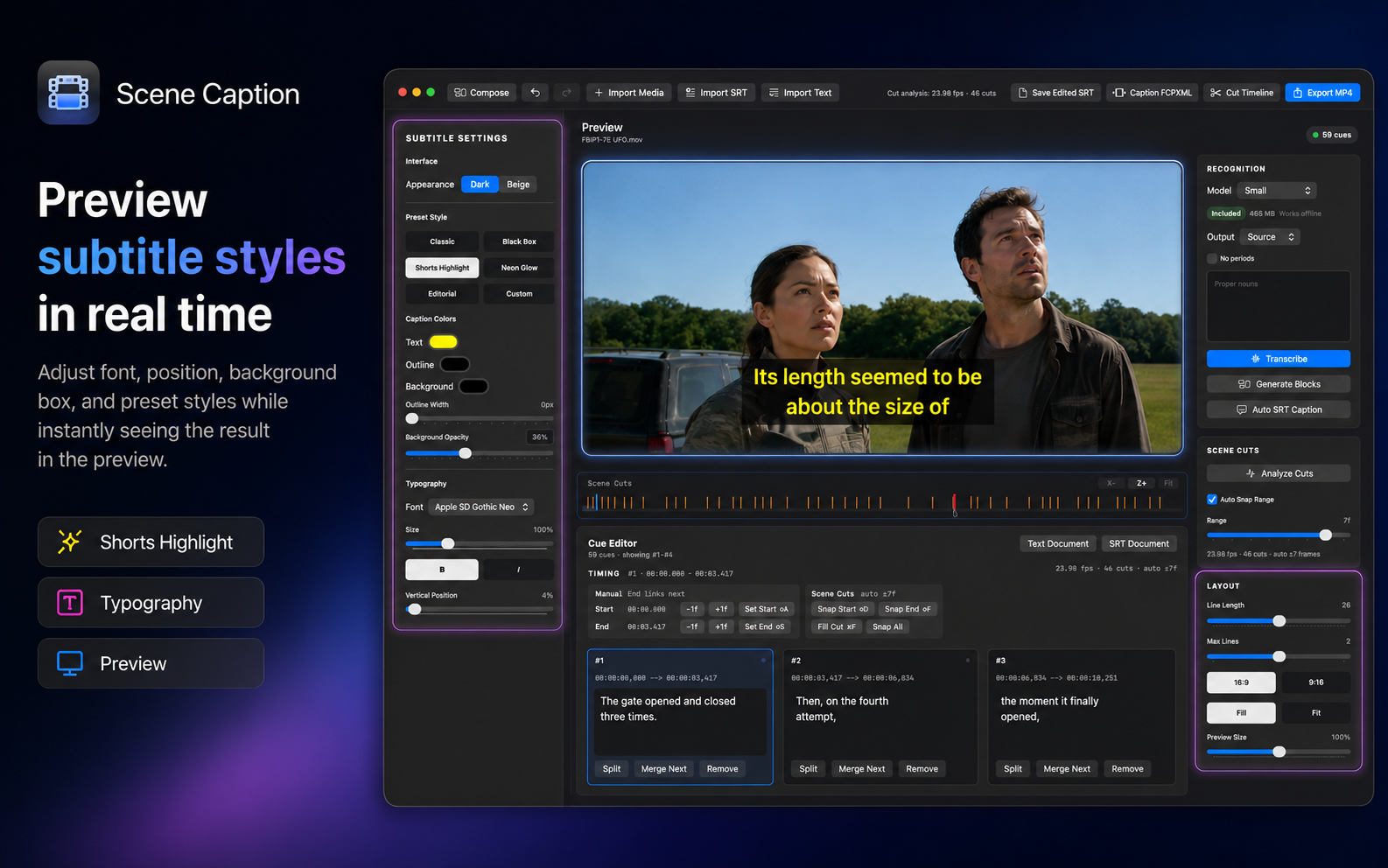 SceneCaption Studio marketing screen showing Final Cut Pro export workflow.